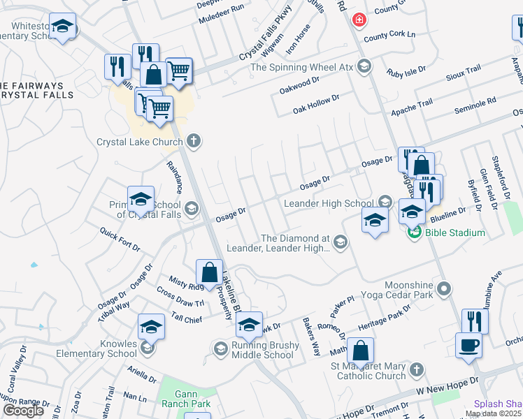 map of restaurants, bars, coffee shops, grocery stores, and more near 2703 Tumbling River Drive in Leander