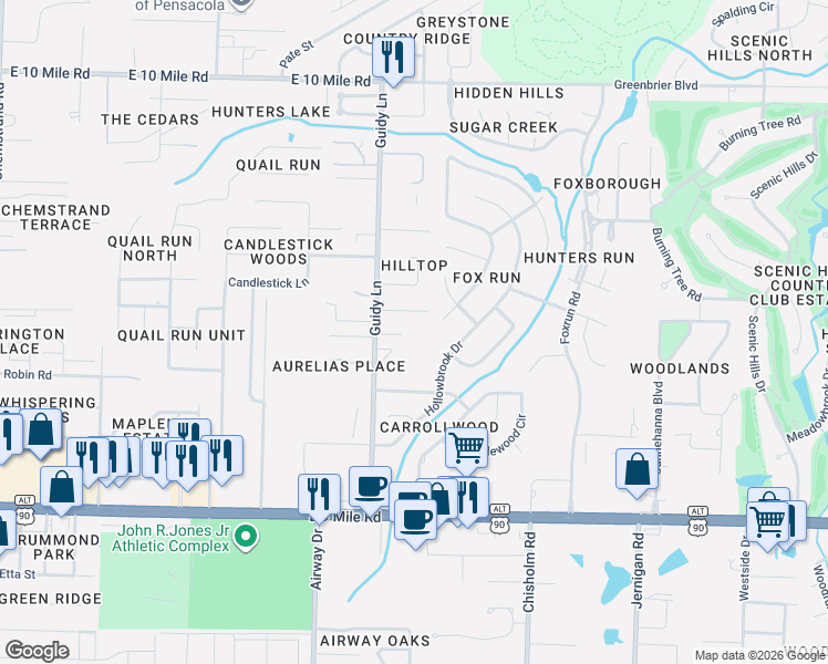 map of restaurants, bars, coffee shops, grocery stores, and more near 9640 Guidy Lane in Pensacola