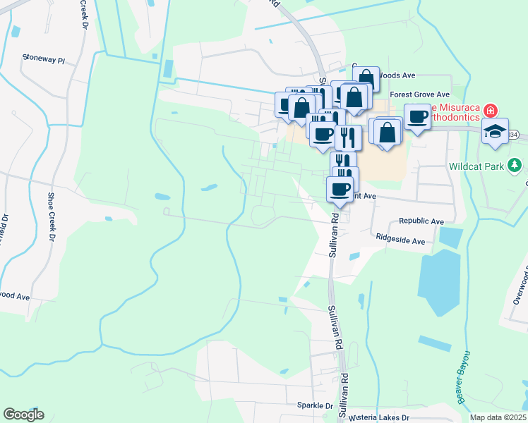 map of restaurants, bars, coffee shops, grocery stores, and more near 9855 Sullivan Road in Baton Rouge