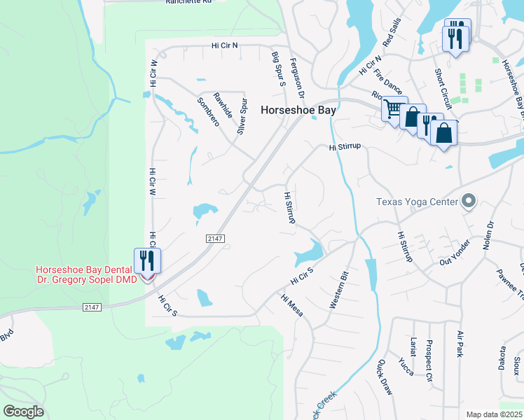map of restaurants, bars, coffee shops, grocery stores, and more near 113 Dawn in Horseshoe Bay