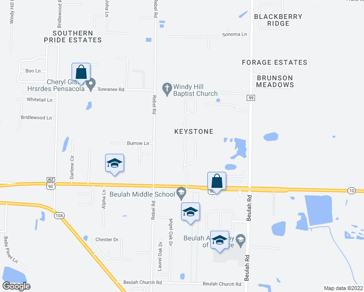 map of restaurants, bars, coffee shops, grocery stores, and more near 9049 Allegheny Avenue in Pensacola