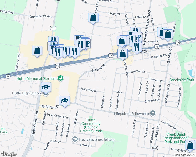 map of restaurants, bars, coffee shops, grocery stores, and more near 205 Marvin Cove in Hutto