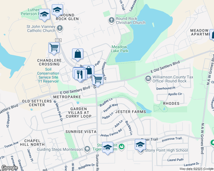 map of restaurants, bars, coffee shops, grocery stores, and more near 1551 East Old Settlers Boulevard in Round Rock