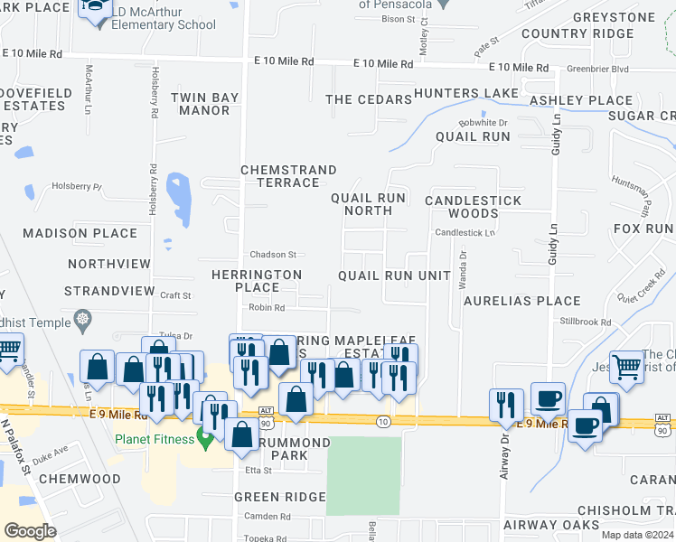 map of restaurants, bars, coffee shops, grocery stores, and more near 9611 Bobwhite Way in Pensacola