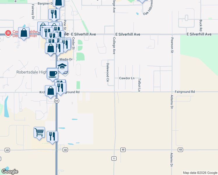 map of restaurants, bars, coffee shops, grocery stores, and more near 18960 Dalewood Circle in Robertsdale