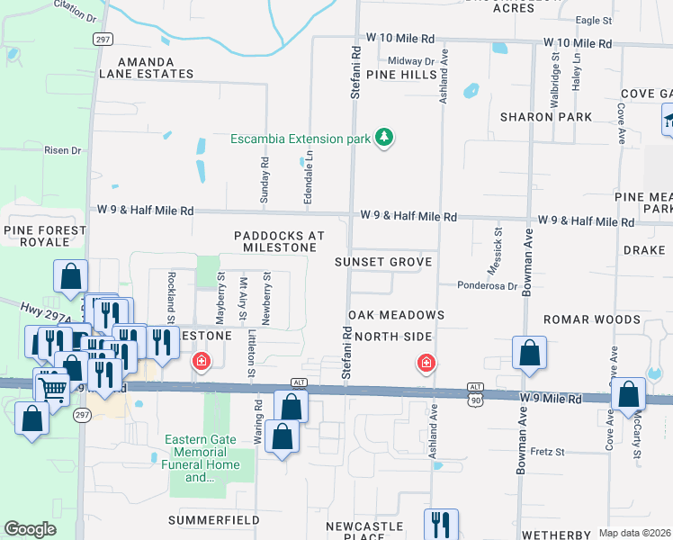 map of restaurants, bars, coffee shops, grocery stores, and more near 3991 Stefani Road in Cantonment