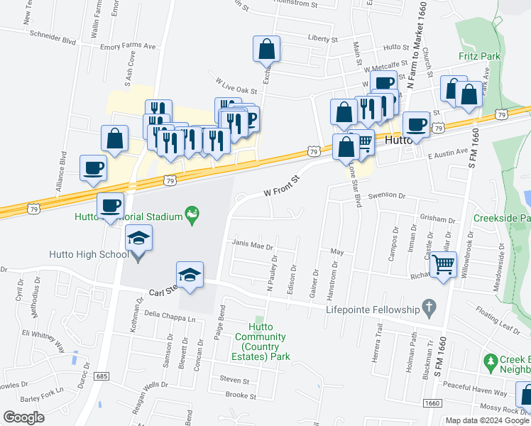 map of restaurants, bars, coffee shops, grocery stores, and more near 143 Marvin Cove in Hutto