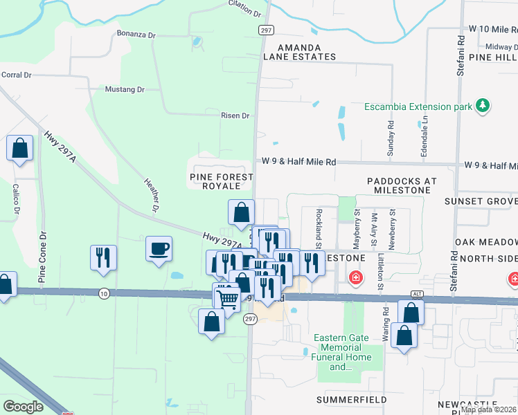 map of restaurants, bars, coffee shops, grocery stores, and more near 1128 Sweetbriar Street in Cantonment