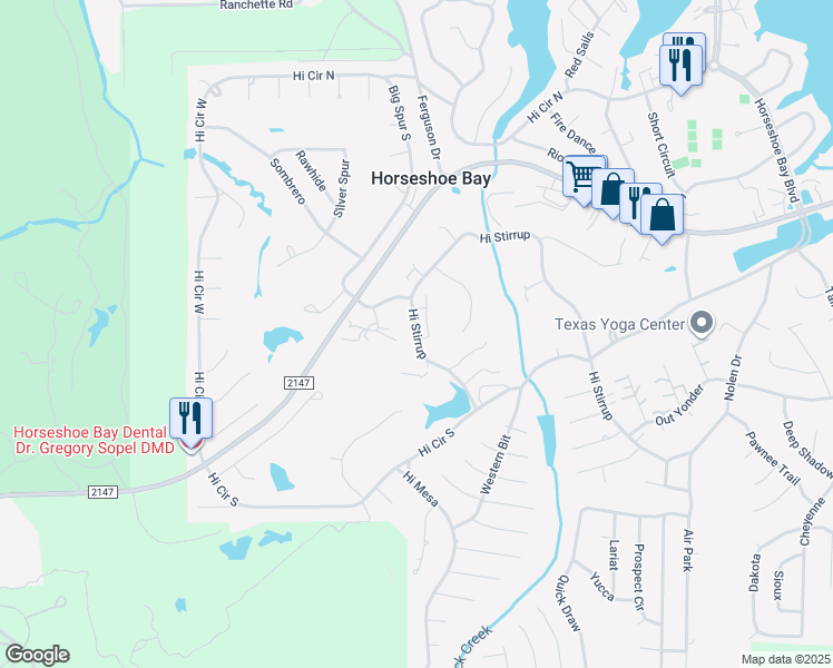 map of restaurants, bars, coffee shops, grocery stores, and more near 1214 Hi Stirrup in Horseshoe Bay