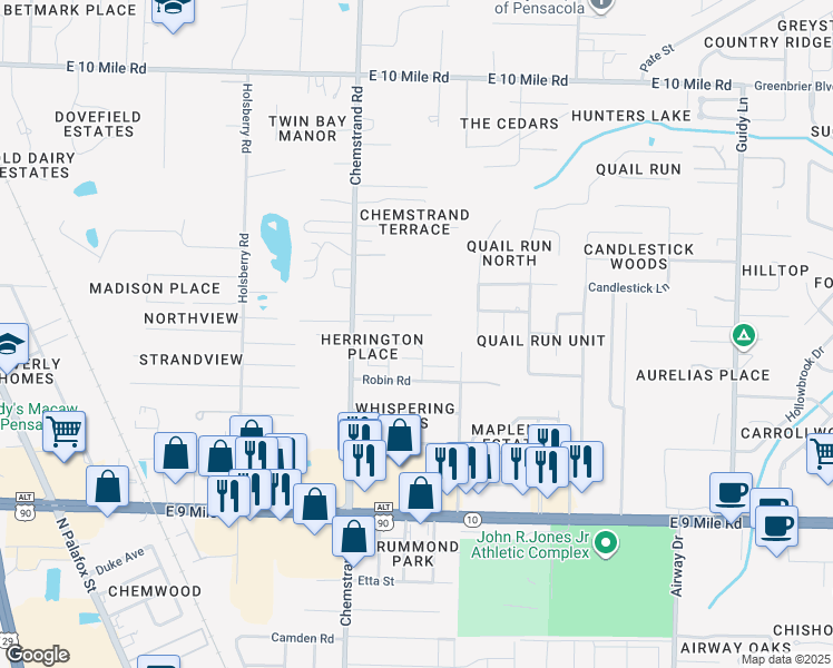 map of restaurants, bars, coffee shops, grocery stores, and more near 416 Robin Road in Pensacola