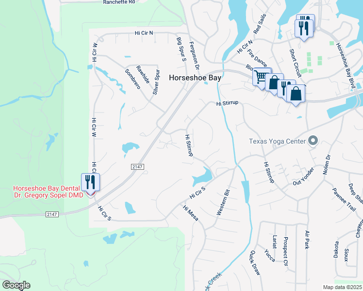 map of restaurants, bars, coffee shops, grocery stores, and more near 1210 Hi Stirrup in Horseshoe Bay