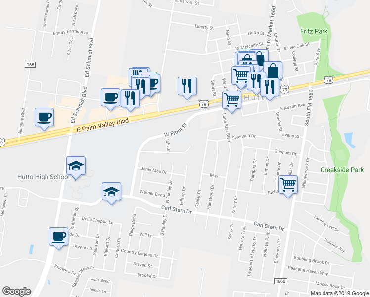 map of restaurants, bars, coffee shops, grocery stores, and more near 231 Marvin Cove in Hutto