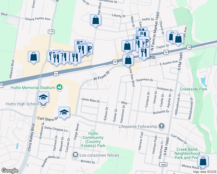 map of restaurants, bars, coffee shops, grocery stores, and more near 235 Marvin Cove in Hutto