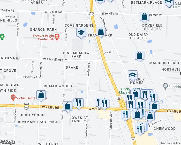 map of restaurants, bars, coffee shops, grocery stores, and more near 9788 Fowler Avenue in Pensacola