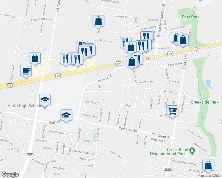 map of restaurants, bars, coffee shops, grocery stores, and more near 232-234 Marvin Cove in Hutto