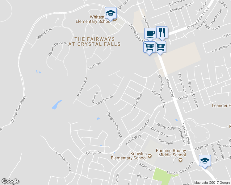 map of restaurants, bars, coffee shops, grocery stores, and more near 2004 Long Bow Drive in Leander