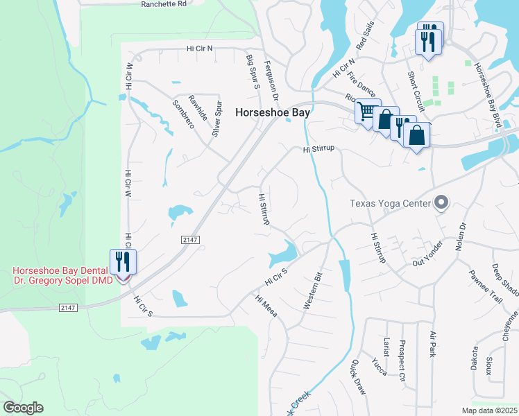map of restaurants, bars, coffee shops, grocery stores, and more near 1210 Hi Stirrup in Horseshoe Bay