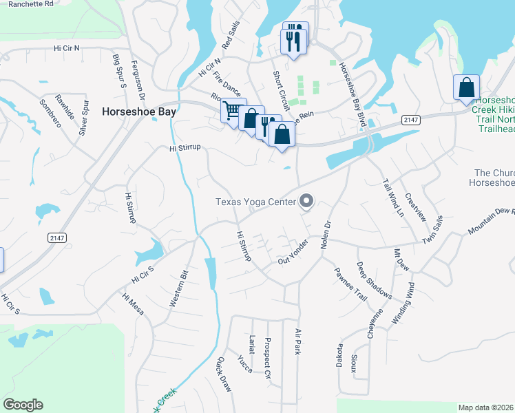 map of restaurants, bars, coffee shops, grocery stores, and more near 600 Buckskin Court in Horseshoe Bay