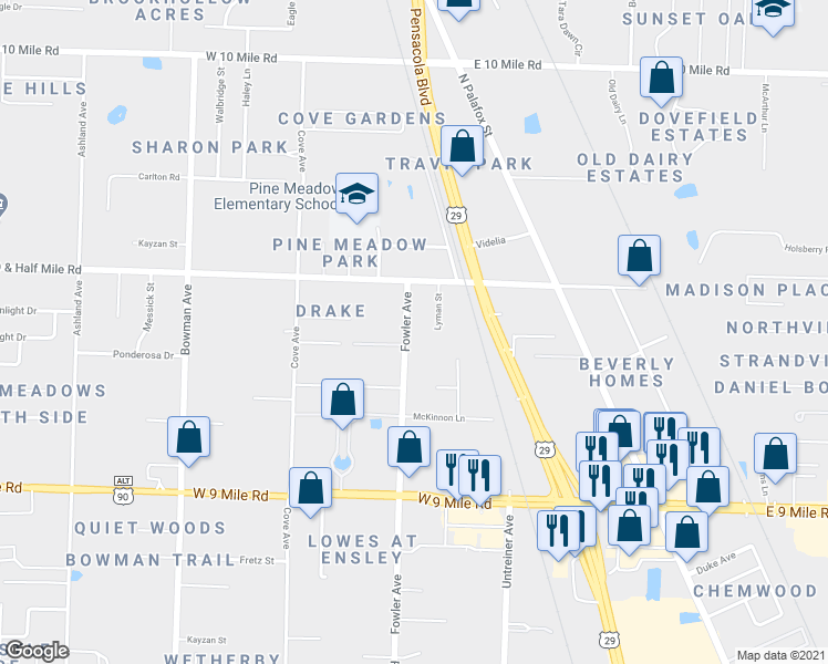 map of restaurants, bars, coffee shops, grocery stores, and more near 9700 Fowler Avenue in Pensacola