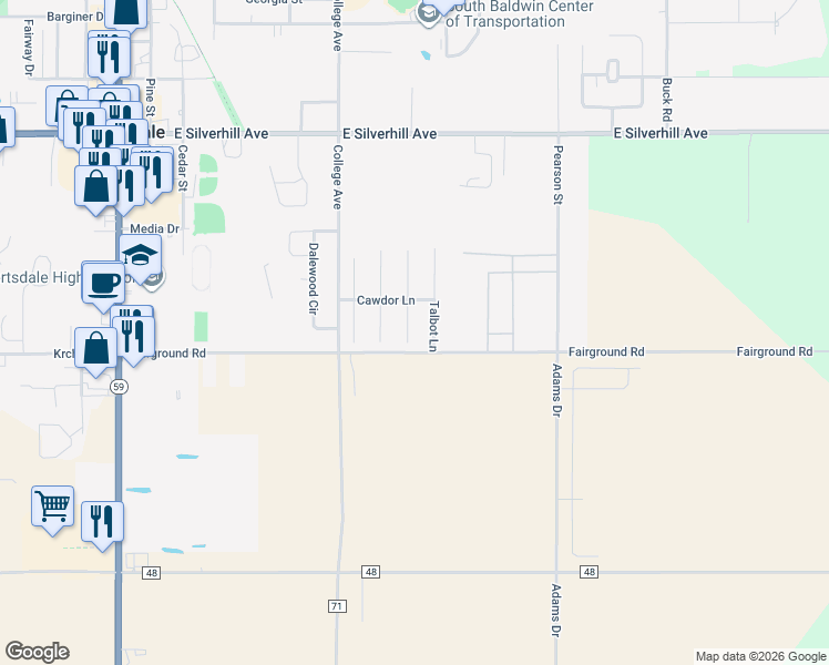 map of restaurants, bars, coffee shops, grocery stores, and more near 21525 Asher Lane in Robertsdale