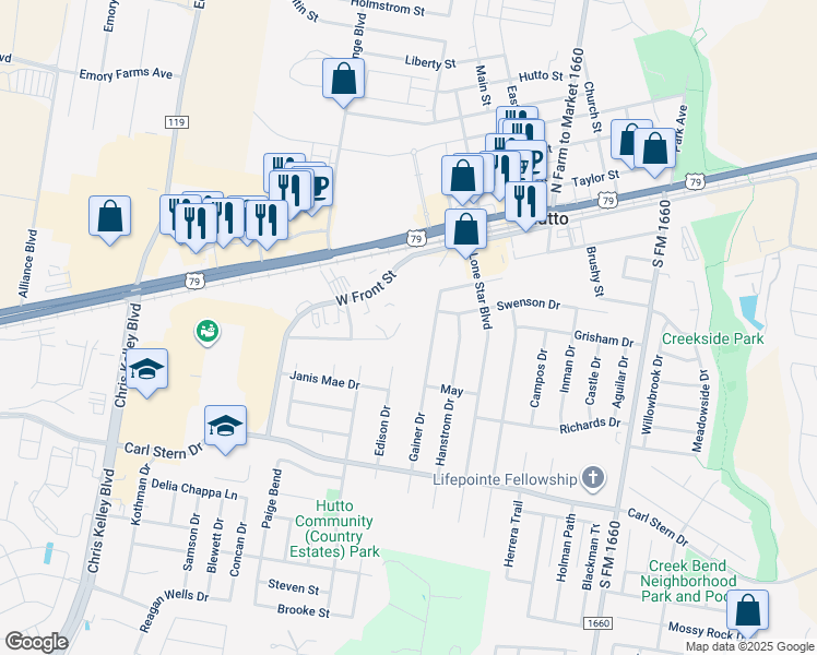 map of restaurants, bars, coffee shops, grocery stores, and more near 232-234 Marvin Cove in Hutto