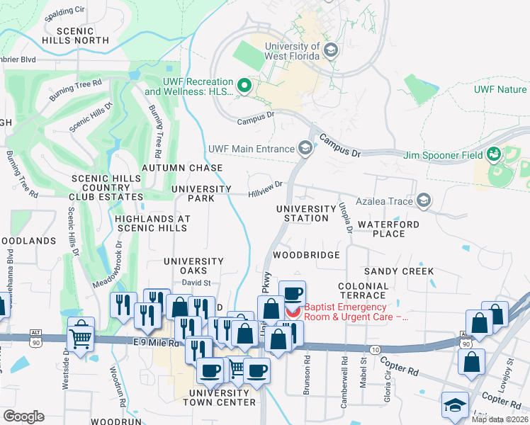 map of restaurants, bars, coffee shops, grocery stores, and more near 9975 University Parkway in Pensacola