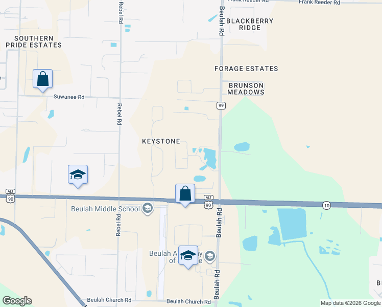 map of restaurants, bars, coffee shops, grocery stores, and more near 9655 Beulah Road in Pensacola