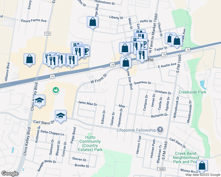 map of restaurants, bars, coffee shops, grocery stores, and more near 232-234 Marvin Cove in Hutto