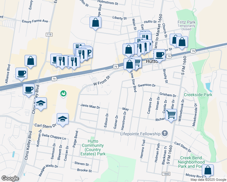 map of restaurants, bars, coffee shops, grocery stores, and more near 232-234 Marvin Cove in Hutto