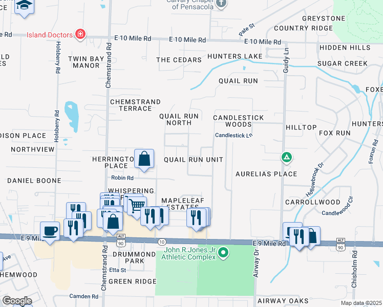 map of restaurants, bars, coffee shops, grocery stores, and more near 9698 Hummingbird Lane in Pensacola