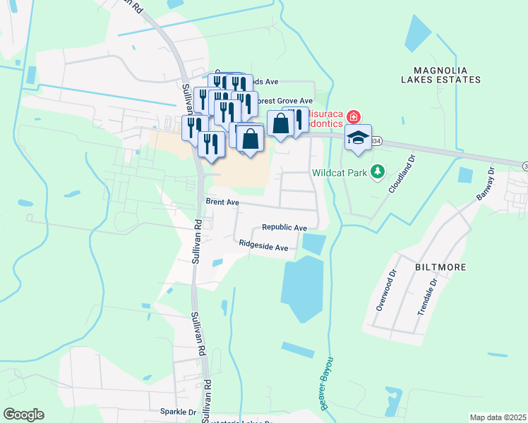 map of restaurants, bars, coffee shops, grocery stores, and more near 14831 Republic Avenue in Baton Rouge