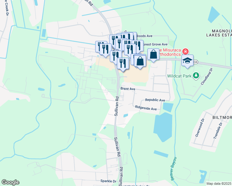map of restaurants, bars, coffee shops, grocery stores, and more near 9855 Sullivan Road in Baton Rouge