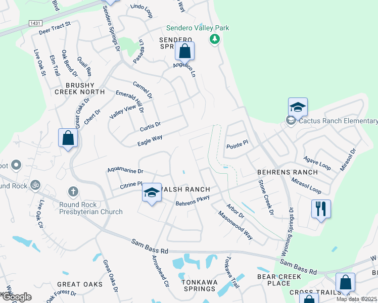 map of restaurants, bars, coffee shops, grocery stores, and more near 3336 Ranch Park Trail in Round Rock