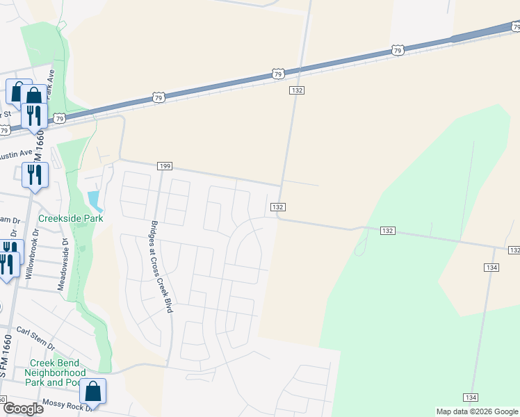 map of restaurants, bars, coffee shops, grocery stores, and more near 3501 County Road 132 in Hutto