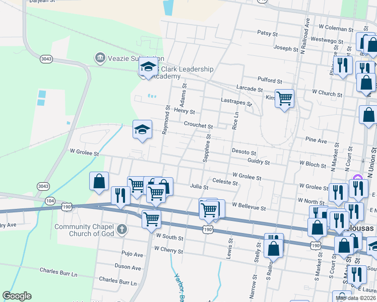 map of restaurants, bars, coffee shops, grocery stores, and more near 1100-1298 Newman St in Opelousas