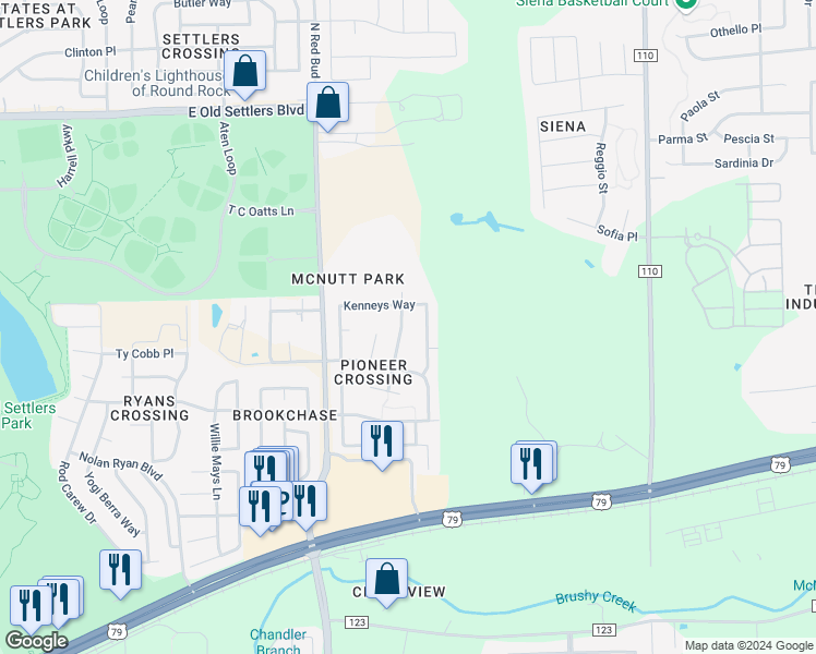 map of restaurants, bars, coffee shops, grocery stores, and more near 1329 Anna Palm Way in Round Rock
