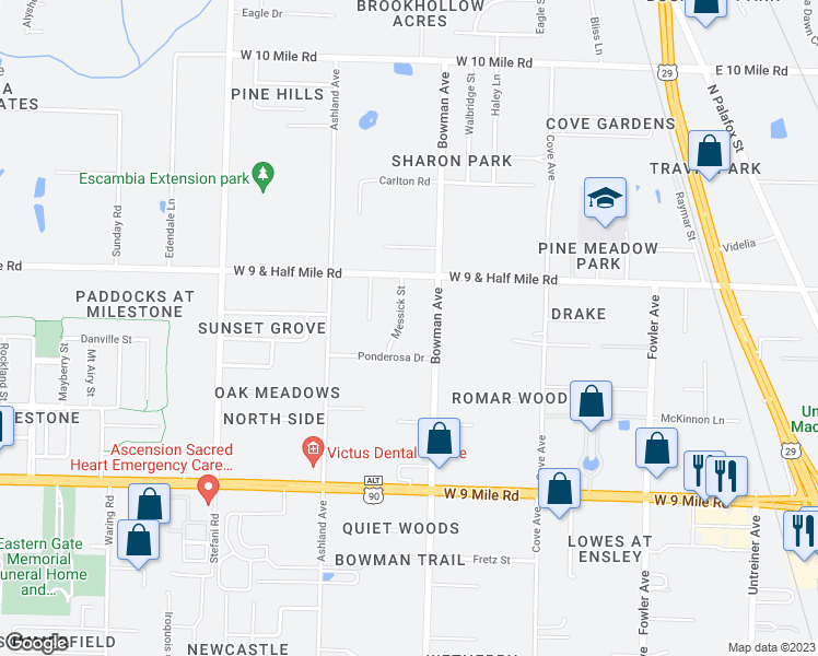 map of restaurants, bars, coffee shops, grocery stores, and more near 8630 Messick Street in Pensacola