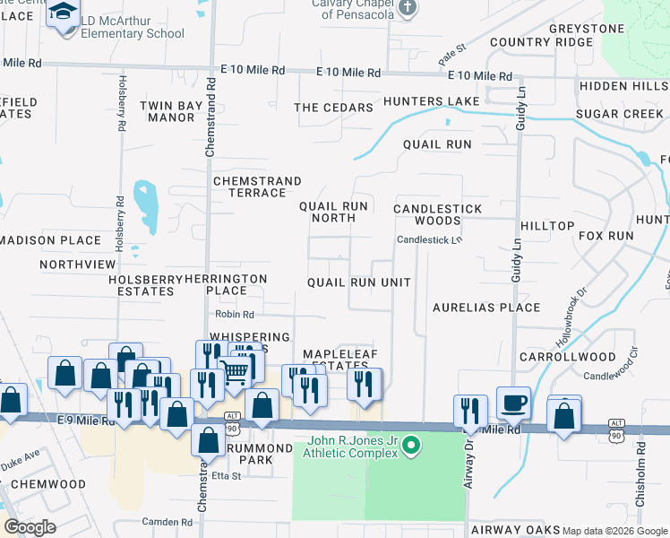 map of restaurants, bars, coffee shops, grocery stores, and more near 9605 Bobwhite Terrace in Pensacola