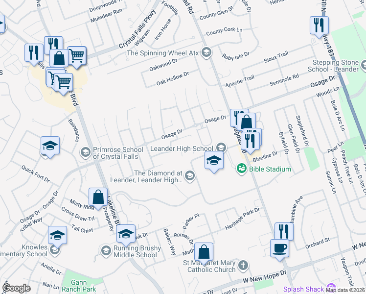 map of restaurants, bars, coffee shops, grocery stores, and more near 2806 Stirrup Cove in Leander