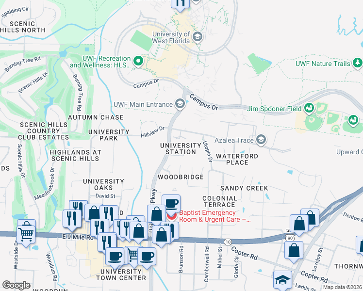 map of restaurants, bars, coffee shops, grocery stores, and more near 2013 Cambridge Circle in Pensacola