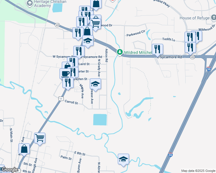 map of restaurants, bars, coffee shops, grocery stores, and more near 1702 Adcox Road in Picayune