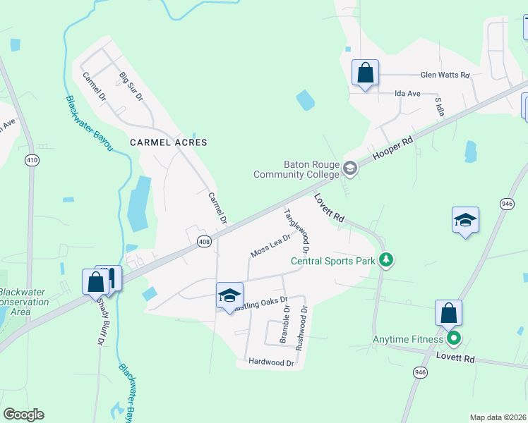map of restaurants, bars, coffee shops, grocery stores, and more near 10211 Louisiana 408 in Baton Rouge