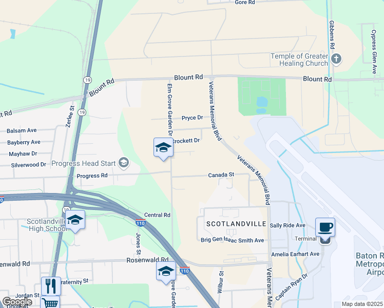 map of restaurants, bars, coffee shops, grocery stores, and more near 2496 Crockett Drive in Baton Rouge