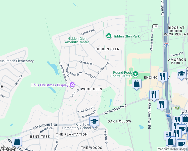 map of restaurants, bars, coffee shops, grocery stores, and more near 2724 Loyaga Drive in Round Rock