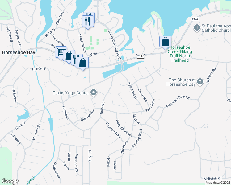 map of restaurants, bars, coffee shops, grocery stores, and more near 315 Clayton Nolen Drive in Horseshoe Bay