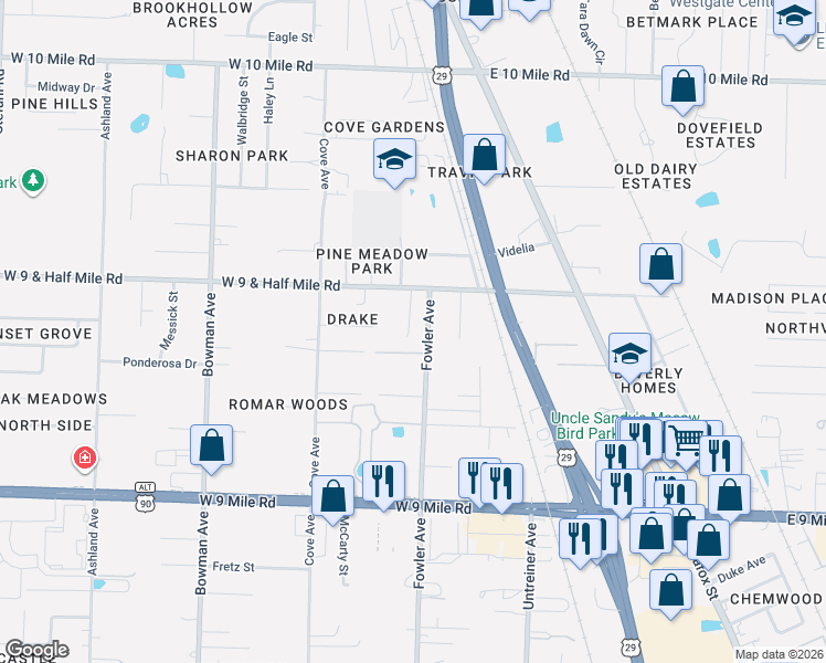 map of restaurants, bars, coffee shops, grocery stores, and more near 9811 Fowler Avenue in Pensacola