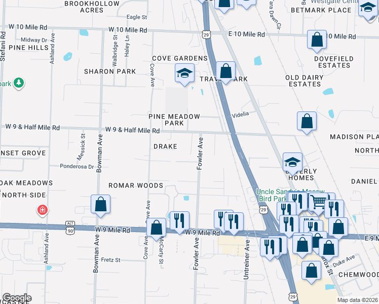 map of restaurants, bars, coffee shops, grocery stores, and more near 405 West Nine One Half Mile Road in Pensacola