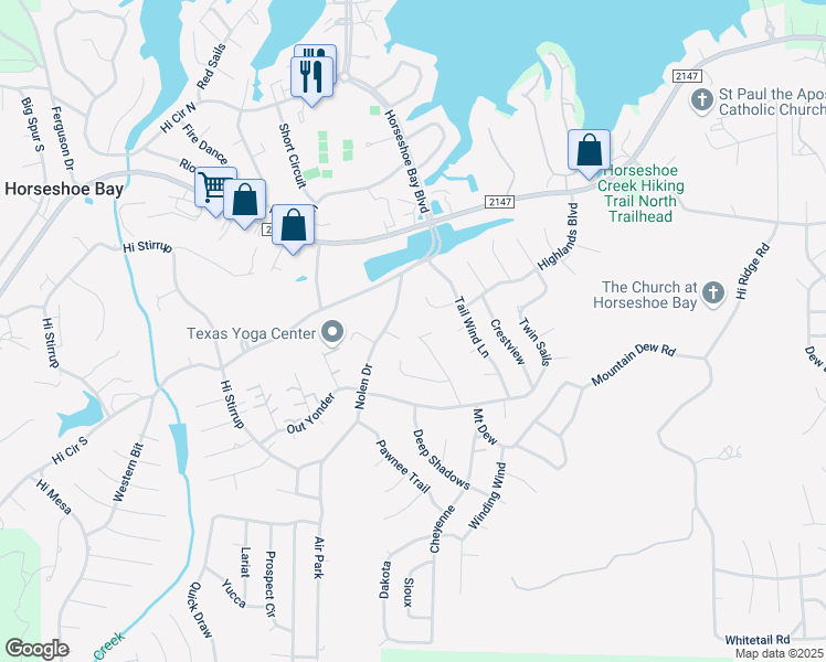 map of restaurants, bars, coffee shops, grocery stores, and more near 315 Clayton Nolen Drive in Horseshoe Bay