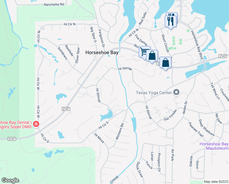 map of restaurants, bars, coffee shops, grocery stores, and more near 114 Lost Spur in Horseshoe Bay