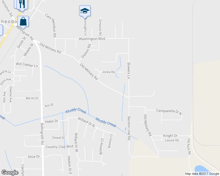 map of restaurants, bars, coffee shops, grocery stores, and more near 7297 Old Military Road in Theodore